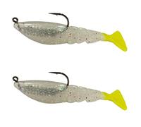 Cuatro jinetes Boom Boom Camarón cebo de plástico fabricado en Estados Unidos Señuelos de pesca de agua salada para trucha moteada, pez rojo - 1/8 Deathgrip Jighead Hook - Contiene 2 cebos de natación