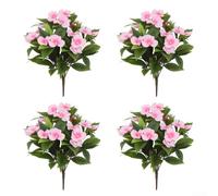 Cuatro piezas de flores artificiales de Impatiens diseñadas para decoración de interiores y exteriores a largo plazo que ofrecen un aspecto realista y una construcción resistente a la intemperie (rosa