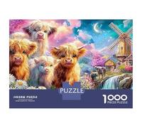 Cuatro terneros Peludos por un Molino de Viento Puzzle De 1000 Piezas Ganado Lindo de Highland Educativo Y Desafiante para Niños Y Adultos 38x26cm/1000pcs