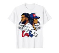 Cuba Pareja Afro Cubana en Guayabera Coches Vintage y Palmas Camiseta