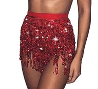 Cubahop bohemio lentejuelas falda de baile del vientre falda de caderas con falda de borlas falda de caderas bufanda de caderas carnaval ropa de mujer (Rojo)