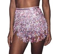 Cubahop bohemio lentejuelas falda de baile del vientre falda de caderas con falda de borlas falda de caderas bufanda de caderas carnaval ropa de mujer (Rosa)
