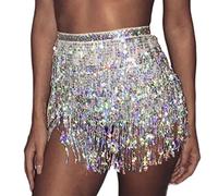 Cubahop bohemio lentejuelas falda de baile del vientre falda de caderas con falda de borlas falda de caderas bufanda de caderas carnaval ropa de mujer (Plata)