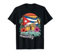 Cuban Heritage Vibes Vintage Car Bongos Tropical Sunset Camiseta