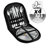[Cubertería 20 piezas] Juego de cubiertos de acampada. Tenedores, cuchillos, cucharas, platos de acero inoxidable para 4 personas con bolsa portatil - Vajilla ideal para exteriores, barbacoas o playa.