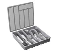 Cubertería con tapa, almacenamiento de cubiertos para cajón de cocina y encimera, organizador de cubiertos para cajones de plástico para cucharas, tenedores, cuchillos, 6 compartimentos, 32 x 30 x 5,4
