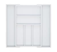 Relaxdays Cubertero Cajón Extensible, Largo Variable, 5-7 Compartimentos, Organizador Cubiertos Bambú, 5x48x46cm, Blanco