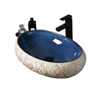 Cubeta de lavabo Lavabo grande ovalado de cerámica azul con encimera for balcón interior estampado floral Mueble de baño
