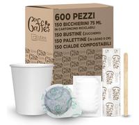 Cubex Professional Kit Café 600 Piezas Compuesto por 150 Vasos de Cartón Reciclables de 75 ml, 150 Bolsitas de Azúcar, 150 Palillos de Madera de 9 cm y 150 Cápsulas Compostables