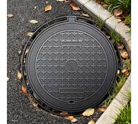 Cubierta de alcantarilla de hierro fundido resistente y marco clase B, tapa séptica negra con agujero de elevación, ideal para patio, sótano y estacionamiento redondo (80 cm)