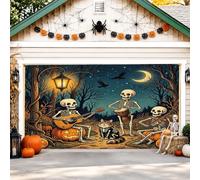 Cubierta de esqueleto para puerta de garaje, calabazas espeluznantes, gato, Halloween, naranja, bandera de puerta de garaje, decoración del hogar para patio, exterior, interior, fiesta, telón de fondo