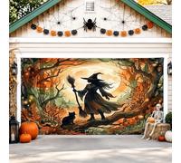 Cubierta de puerta de garaje de bruja, escoba espeluznante, gato, Halloween, naranja, cubierta de pared para fiesta, decoración del hogar, patio, exterior, interior, fiesta, telón de fondo, 157 x 71