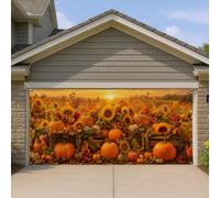 Cubierta de puerta de garaje de calabazas, caja de madera rústica de girasol, color naranja otoño, decoración del hogar para jardín, patio, exterior, interior, fiesta, telón de fondo de 157 x 71