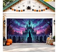 Cubierta de puerta de garaje de castillo, espeluznante gótico para tumba de gato Halloween, telón de fondo negro para puerta de garaje, decoración del hogar para jardín, patio, exterior, interior