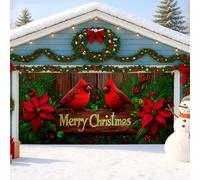 Cubierta de puerta de garaje de Navidad cardenal, decoraciones navideñas de flor de pascua roja, decoración festiva grande al aire libre para la temporada de invierno, fondo de fiesta de Feliz Navidad