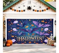 Cubierta de puerta de garaje fantasma, diseño de hoja de murciélago festiva de Halloween, color violeta, decoración del hogar para patio, jardín, exterior, fiesta interior, 157 x 71 pulgadas
