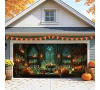 Cubierta de puerta de garaje vintage mística, decoraciones de calabaza verde de Halloween, decoración de fondo de fiesta de otoño para interiores y exteriores, 157 x 71 pulgadas