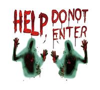 Cubierta de puerta de ventana de Halloween con huellas de manos sangrientas, figura sombría con texto en inglés "Do Not Enter Props"