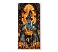 Cubierta de puerta exterior de gato azul ruso de Halloween, 91 x 183 cm, estampado vintage de caldero de bruja de gatito, decoración de entrada, decoración aterradora para el porche interior del hogar