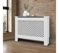 ECD Germany Cubierta del Radiador 112x19x82cm MDF Blanco Lacado Revestimiento Protector Moderno de Calefacción Patrón Rústico Superficie de Estantería Útil de Madera para Sala de Estar Dormitorio