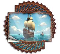 Cubierta duradera para decoración de sala de belleza, diseño vintage de barco navegando en mares turquesa con cielo nublado, ilusión óptica, calcomanía autoadhesiva para bricolaje a cuadros (8 x 12 cm