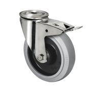 Cubierta elástica sobre llantas de PA, carcasa de acero inoxidable Ø x anchura de rueda 100 x 35 mm, agujero dorsal