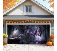 Cubierta gótica para puerta de garaje de Halloween, escena de carnicero de carne violeta oscuro, decoración de puerta de garaje grande, decoración espeluznante para interiores y exteriores, decoración