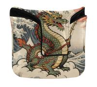Cubierta japonesa para putter de golf con diseño de pez dragón y olas del océano, cierre magnético, fundas para mazo cuadrado de piel sintética