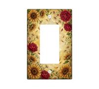 Cubierta para interruptor de luz basculante rústico con girasoles y peonías | Detalles de peonía roja, detalles de crisantemo blanco, tema botánico rústico, decoración de granja, fondo de halo dorado