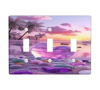 Cubierta para interruptor de luz de puesta de sol de playa, cubierta de enchufe, reflejo de corazón violeta para decoración costera, placas de pared termoplásticas, tamaño estándar, triple palanca