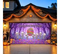 Cubierta para puerta de cochera de 157 x 71 pulgadas, esqueletos de | Esqueletos bailarines, decoraciones de puerta de garaje, piruletas coloridas, bosque violeta, tema de temporada elegante