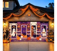 Cubierta para puerta de garaje con diseño de fantasmas y esqueletos de | Fantasmas amigables, decoraciones de puerta de garaje, ilustración de esqueleto, gato, tema de truco o trato