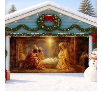 Cubierta para puerta de garaje con escena de belén, decoración de Navidad religiosa dorada cálida, decoración de interiores y exteriores, fondo festivo de invierno, 157 x 71 pulgadas