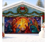 Cubierta para puerta de garaje con escena de belén, decoraciones navideñas de vidrieras coloridas, decoración festiva al aire libre, exhibición de temporada de invierno de 157 x 71 pulgadas