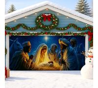 Cubierta para puerta de garaje con escena de belén, elegante decoración de Navidad azul, decoración de vacaciones de invierno al aire libre, fondo religioso festivo para Navidad, 157 x 71 pulgadas