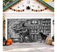 Cubierta para puerta de garaje de bruja, poción artística espeluznante, gato, Halloween, bandera negra para puerta de garaje, decoración del hogar para patio, exterior, interior, fiesta, telón de
