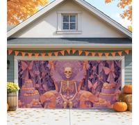 Cubierta para puerta de garaje de esqueleto de Halloween, decoración de hadas góticas violetas para puertas de garaje grandes, fondo espeluznante para fiestas de Halloween en interiores y exteriores