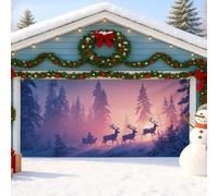 Cubierta para puerta de garaje del país de las maravillas de invierno, escena de bosque nevado violeta con reno y trineo, decoraciones navideñas al aire libre, decoración de fiesta de Navidad, 157 x