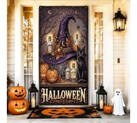Cubiertas de puerta con temática de sombrero de bruja y gato de Halloween | Diseño de gato, letrero de puerta delantera, obra de arte de botella de poción, fondo de bosque gótico