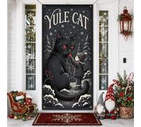 Cubiertas de puerta de folclore de invierno con gato mítico, 36 x 72 | Paisaje de bosque de invierno, pancarta de porche, tema inspirado en el folclore, estilo artístico dibujado a mano