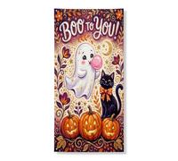 Cubiertas decorativas para puerta de fantasma, calabazas de gato festivo de Halloween violeta con cuerda para colgar, decoración del hogar para porche, puerta, pared, interior y exterior, 36 x 72