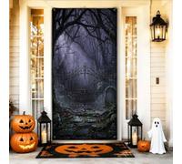 Cubiertas para puerta de Halloween con escena de cementerio embrujado, 91 x | Letrero gótico de bosque para puerta delantera, diseño de puerta de hierro, ambiente neblinoso espeluznante