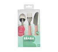 BÉABA Set De 3 Cubiertos De Aprendizaje Para Bebé, Acero Inoxidable, Desde 12 Meses, Cubiertos Infantiles Fácil Agarre, old Pink