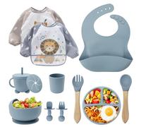 Cubiertos Bebe,Juego de 12 Piezas Platos Bebe con Ventosa, Baby Led Weaning,Cubiertos Infantiles,Juegos de Vajilla Bebe,Cuchara Bebe,Babero Silicona Bebe,Plato de Silicón Antideslizante Sin BPA