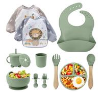 Cubiertos Bebe,Juego de 12 Piezas Platos Bebe con Ventosa, Baby Led Weaning,Cubiertos Infantiles,Juegos de Vajilla Bebe,Cuchara Bebe,Babero Silicona Bebe,Plato de Silicón Antideslizante Sin BPA