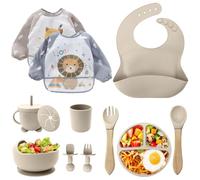 Cubiertos Bebe,Juego de 12 Piezas Platos Bebe con Ventosa, Baby Led Weaning,Cubiertos Infantiles,Juegos de Vajilla Bebe,Cuchara Bebe,Babero Silicona Bebe,Plato de Silicón Antideslizante Sin BPA