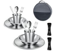 Cubiertos Camping - Vajilla de acero inoxidable. Incluye plato, cuenco, vaso, tenedor, cuchillo y cuchara. Juego de Cubiertos para llevar de picnic, acampada o autocaravana. (Para 2 Personas)