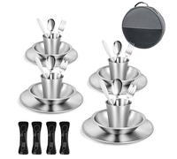 Cubiertos Camping - Vajilla de acero inoxidable. Incluye plato, cuenco, vaso, tenedor, cuchillo y cuchara. Juego de Cubiertos para llevar de picnic, acampada o autocaravana. (Para 4 Personas)