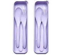 Cubiertos de viaje reutilizables con maleta, 2 juegos de cubiertos de plástico prácticos con tenedor, cuchara, cuchillo, cubertería de camping para escuela, trabajo, picnic o uso diario (morado)
