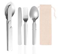 Cubiertos del ejército alemán de acero inoxidable, 4 piezas, cubiertos de camping, utensilios para comer, juego de cubiertos para acampar al aire libre, incluye bolsa